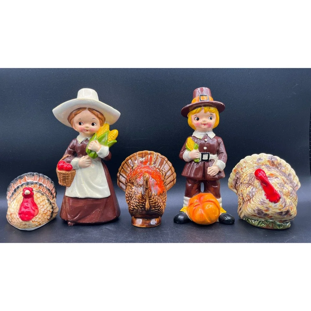 Vtg Thanksgiving Ceramic Pilgrim Boy Girl Turkey Figurine Set 5 Piece Fall As Is